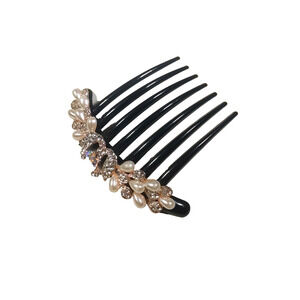 Large Hair Comb Barrette Black Plastic Rhinestone Faux Pearl Beads